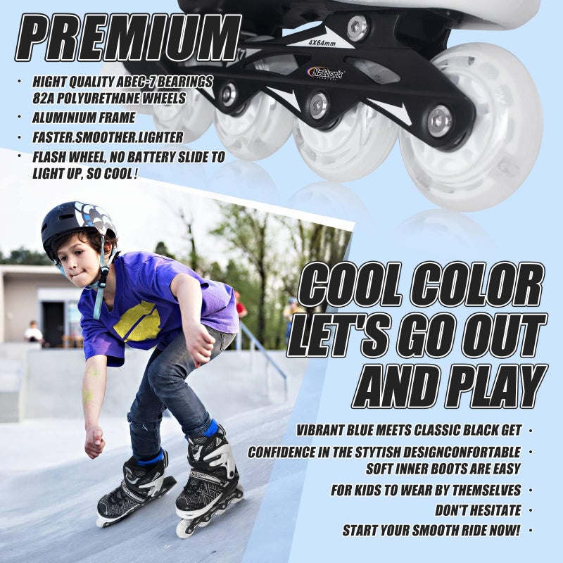 Nattork Adjustable Inline Skates for Big Boys Youth with Light up Wheels - Black Youth Blade Roller for Beginners Teen Size 5 6 7 8 Ages 11 12 13 14 15 - Image 3